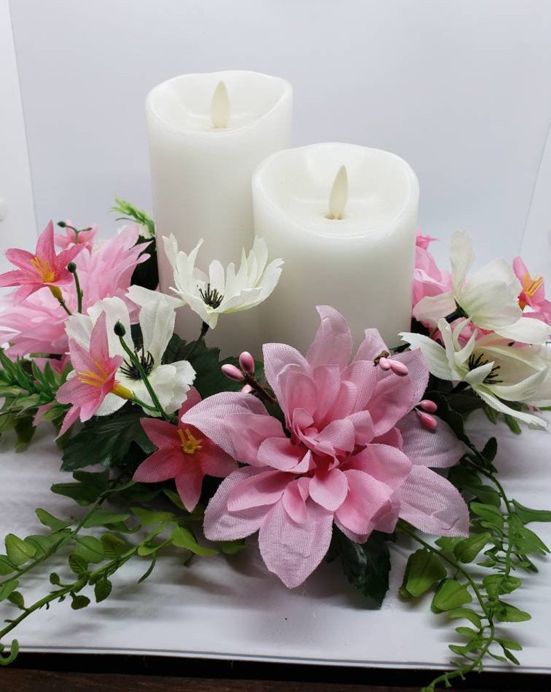 13 Floral Wreath Candle Ring Base, Pink and White Shades of Dahlias and Poppy Etsy