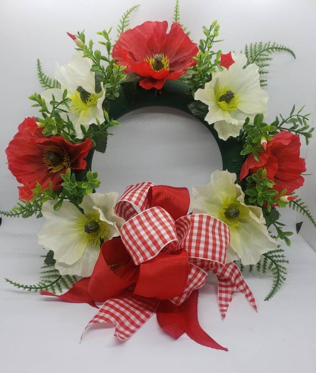 13" Floral Wreath, Red and White Poppies With Bow - Etsy