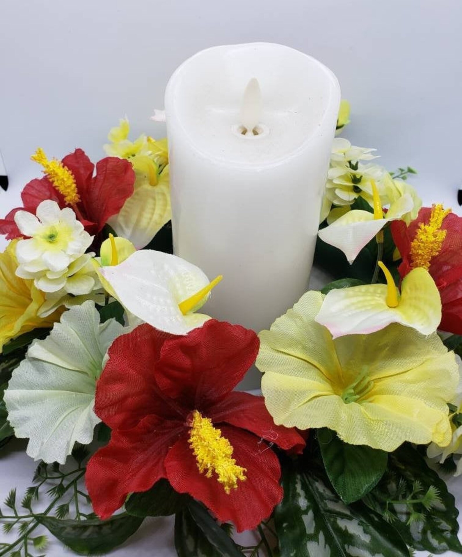 13 Floral Wreath Candle Ring Base, Red Hibiscus and Yellow Petunias Etsy