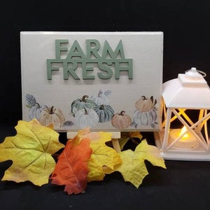 Fall Wood Sign Autumn Accent Farm Fresh with Orange White Green Pumpkins Home Decor Farmhouse Countertop Kitchen Shelf Sitter Beige Green