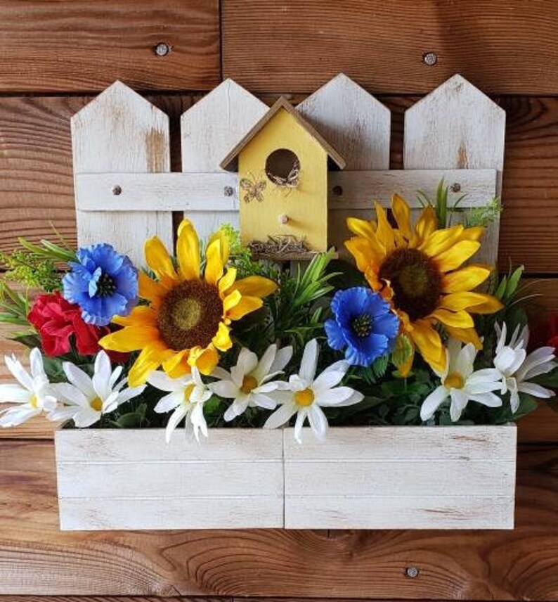 White Wood Picket Fence Floral Arrangement. Wood Planter Handmade