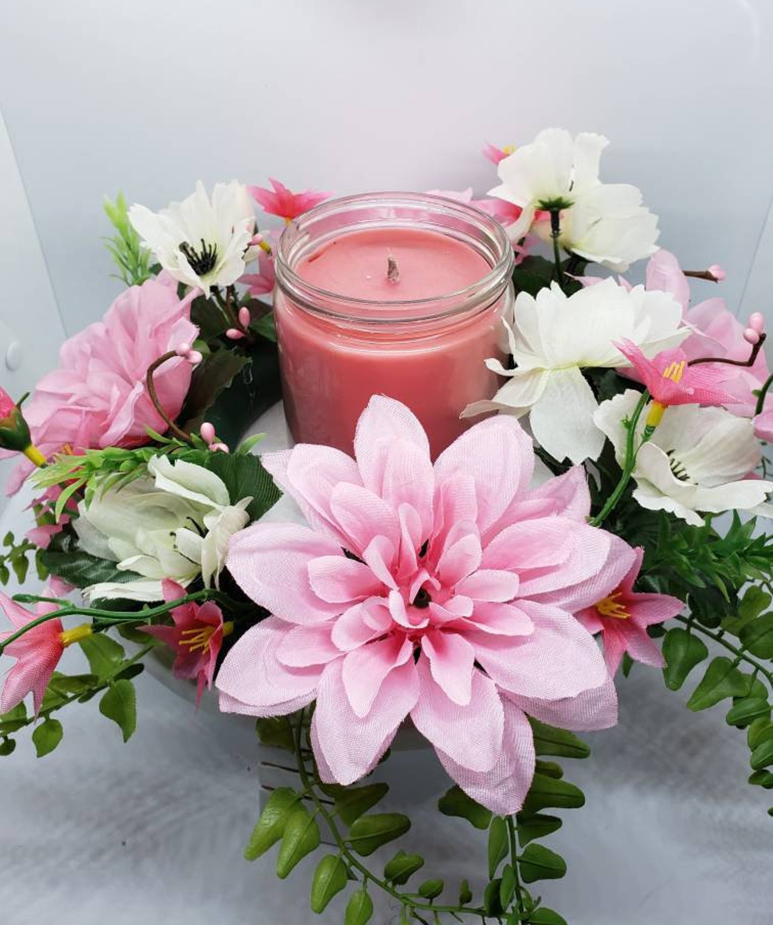 13 Floral Wreath Candle Ring Base, Pink and White Shades of Dahlias and Poppy Etsy