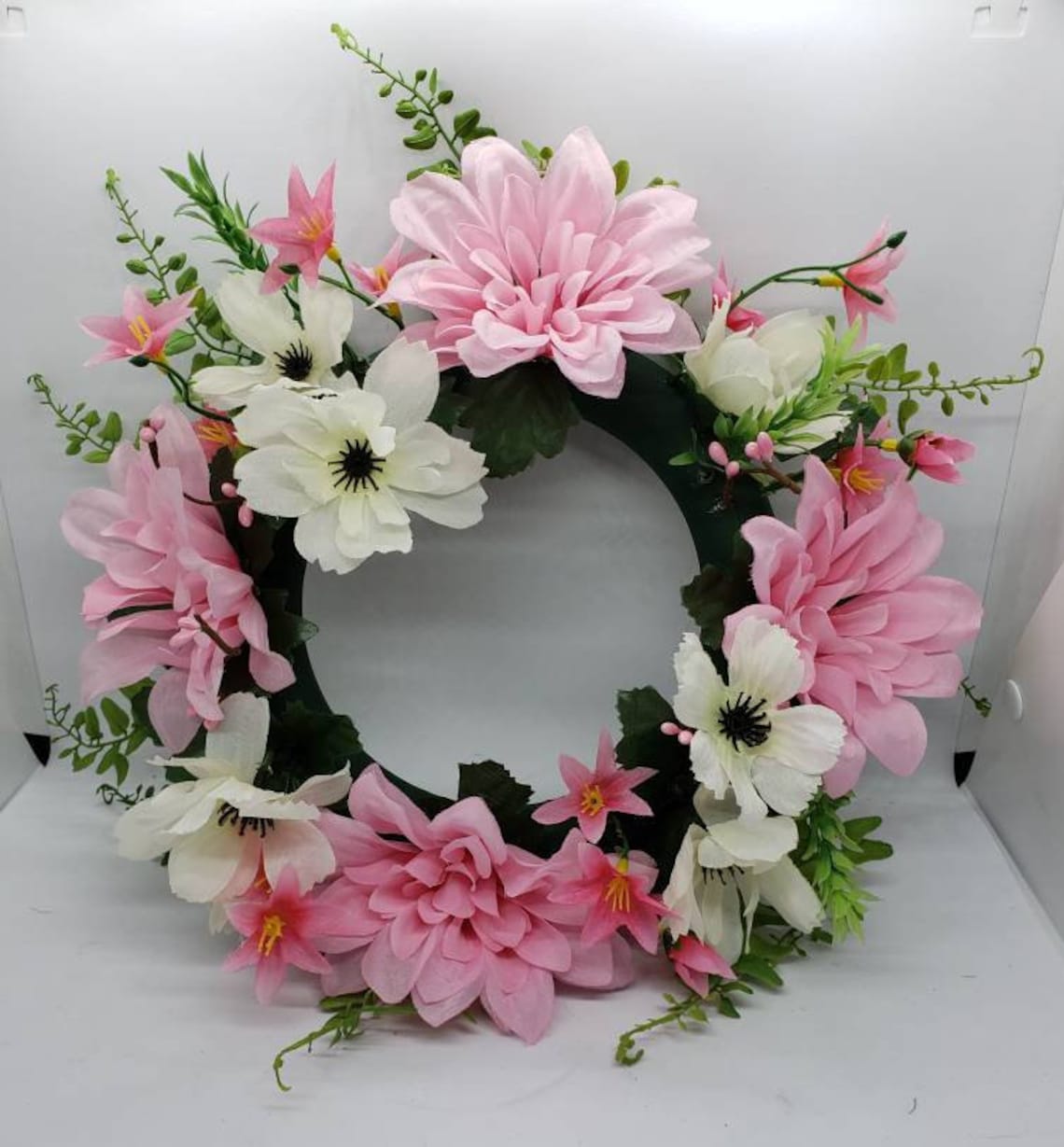 13 Floral Wreath Candle Ring Base, Pink and White Shades of Dahlias and Poppy Etsy