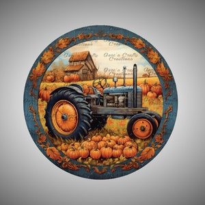 May include: A blue and white tractor with a wooden cabin drives through a field of orange pumpkins. The tractor is surrounded by fall leaves and the text "Geri's Crafty Creations" is written on the side of the tractor.