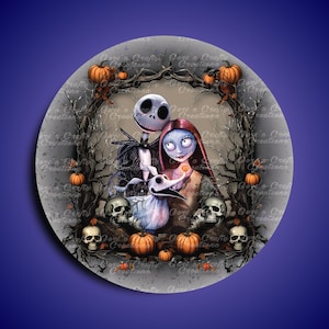May include: A digital illustration of Jack Skellington and Sally from the Nightmare Before Christmas movie. They are standing in a frame made of branches with pumpkins and skulls around them. The background is a gray and white grunge texture.