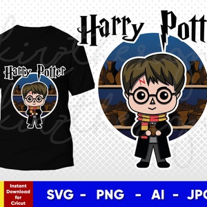 May include: A black t-shirt with a cartoon image of Harry Potter holding a book. The text "Harry Potter" is printed on the shirt. The image is set against a blue background with shelves of potions.