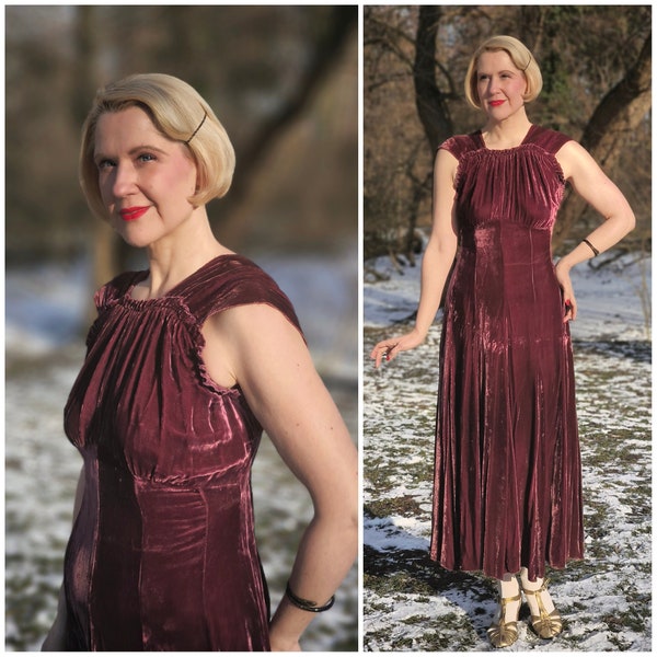Luxurious Genuine 1930s Art Deco Silk Velvet Dress with Low-Cut Back Burgundy Velvet Dress Medium