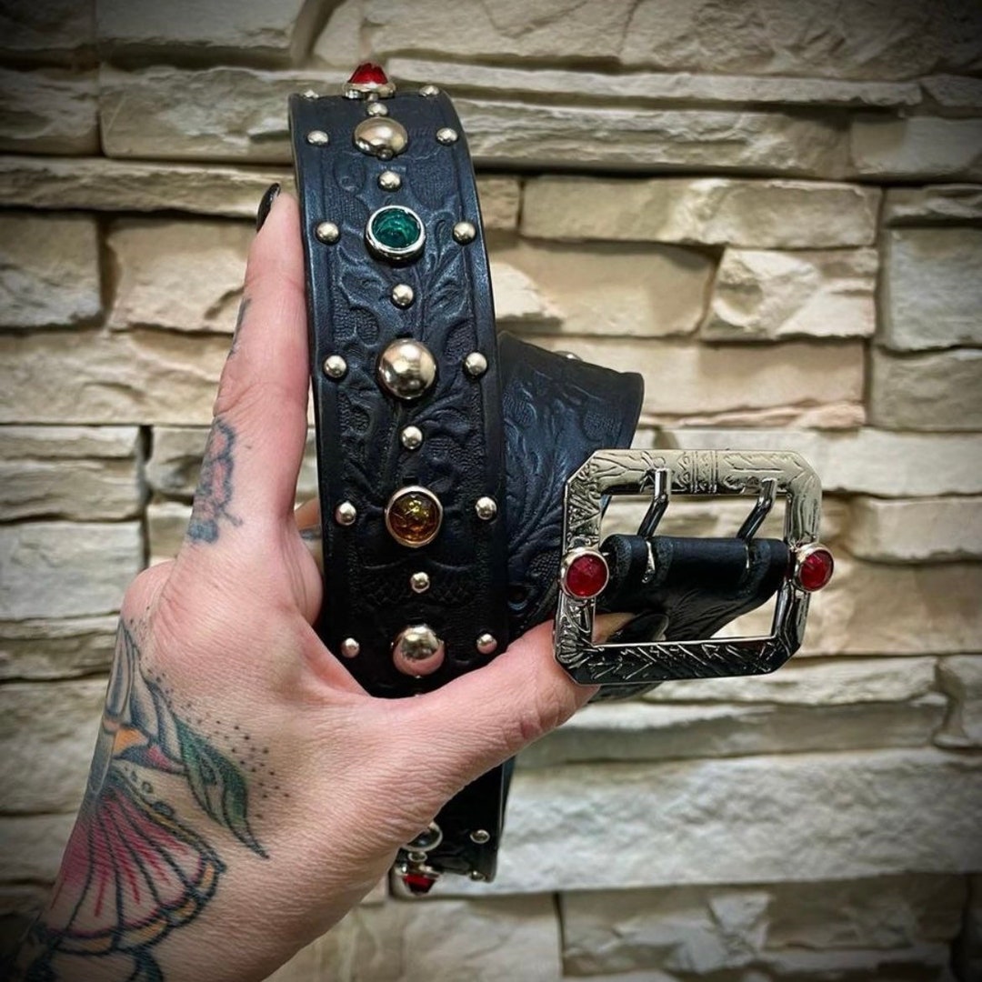 Joed Black Vintage Leather Belt, Silver Studs, & Vintage