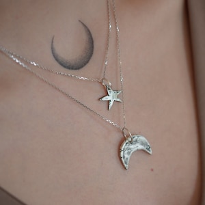 Collana con ciondolo a forma di luna e stella in argento sterling realizzata a mano: stile vintage