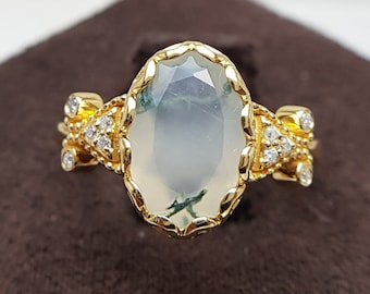 Victorian Green Moss Agate Oval Gemstone 14KT Gold Ring | Cluster of Leaves Design Engagement Ring | Earth Friendly Mocha Stone Wedding Ring