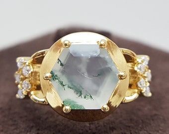 Misty Forests Hexa Gemstone Ring | Special Moss Agate Gold Ring | Rare Mocha Stone Engagement Ring | Retro look EcoFriendly Her Wedding Ring
