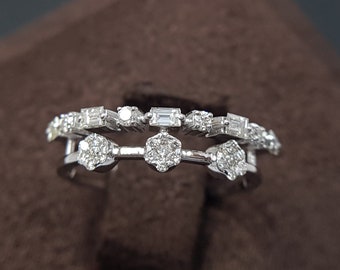 Brilliant Baguette Diamond Ring with attached band. Stunning Gold White floral Diamond Ring. Classic Wedding Ring. Sparkling Engagement Ring