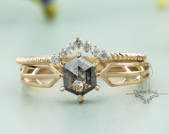 Vintage Salt and Pepper Ring | Wedding Ring Set | 0.78 Ct Hexagon Diamond Engagement Ring | 14kt Rose Gold Rings | Unique Promise Ring