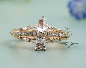 Salt and Pepper Engagement Ring with Wedding Band | Pear and Cushion Diamond Ring | Custom Band Color | 3 piece Unique Promise Ring Set