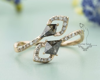 Raw Salt and Pepper Engagement Ring for Women | Antique Ring Band Design | Kite Diamond Ring | Open Criss Cross Diamond Ring