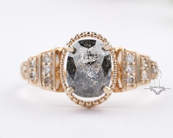 Salt and Pepper Diamond Ring | Oval Engagement Ring with Moissanite Side Diamonds | 14kt Rose Gold Ring | Unique Vintage Wedding Ring