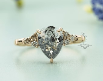 Huge Teardrop natural Salt and Pepper Diamond Ring with Band. Rose Gold Ring. 2 ct Natural brilliant Pear cut Galaxy Diamond Promise Ring.