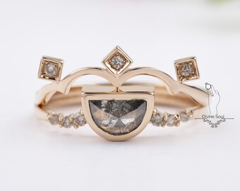 Half Moon Engagement Ring Set | Crescent Salt and Pepper Diamond Ring Set | 14 kt Rose Gold Wedding Stacker Ring with Semi Circle Diamond