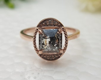 Victorian Style Ring for Her | Emerald Salt and Pepper Diamond Ring. Rare coin Diamond Engagement Ring. Oval Shaped Wedding Ring for Caitlin