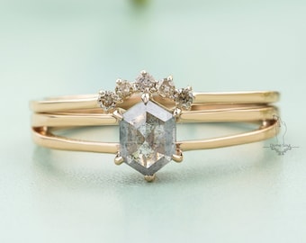 Vintage Engagement Diamond Ring | Salt and Pepper Hexagon Ring | 14KT Rose Gold Unique Ring | Vintage Wedding Ring Set 2 Pcs