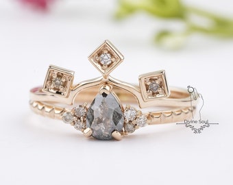 Teardrop Salt and Pepper Diamond Ring. Natural diamond wedding ring. Pear cut diamond ring with a princess band. Raw Diamond Engagement Ring