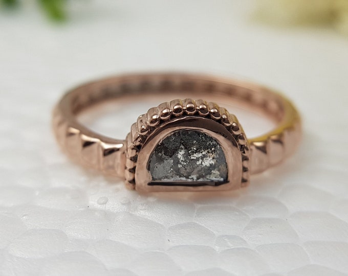 Featured listing image: Half Moon cut natural salt and pepper Diamond Ring. Crescent Diamond Wedding ring. Bohemian minimalist Engagement Ring with Unique gold band
