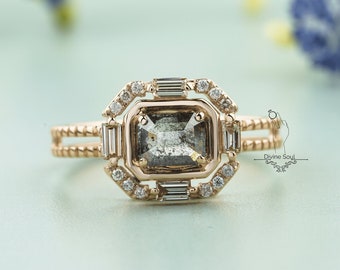 Salt and Pepper Diamond Ring | 14kt Rose Gold Ring | Huge Emerald Engagement Ring | Unique Wedding Ring | Vintage Promise Ring