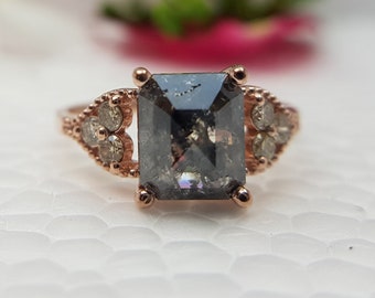Emerald cut natural Salt and Pepper Diamond Engagement Wedding Ring. Ring with Wings. Vintage huge 3 carat diamond Solitaire Ring. Rare gift