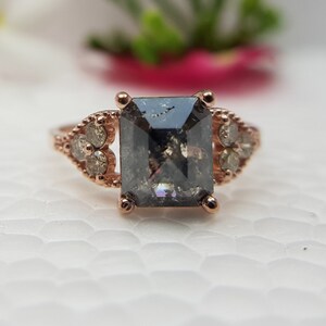 Emerald cut natural Salt and Pepper Diamond Engagement Wedding Ring. Ring with Wings. Vintage huge 3 carat diamond Solitaire Ring. Rare gift