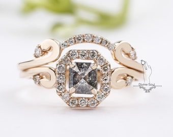 Halo Diamond Ring Set | Cushion Salt and Pepper Engagement Ring Set | 14 kt Yellow Gold Wedding Ring Set