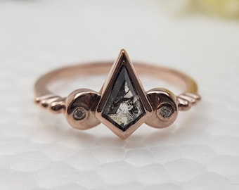 Kite shaped Salt and Pepper Diamond Engagement Ring. Vintage style Diamond Ring. Ancient roman crown wedding Ring. 0.5 carat Galaxy diamond