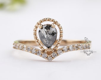 Salt and Pepper Diamond Engagement Ring | Pear Diamond Vintage Wedding Ring | Unique Promise Ring | 14kt Rose Gold Ring |Galaxy Diamond Ring