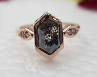 Hexagon Salt and Pepper Diamond Ring | Valentine Gift | Vintage Wedding Ring | Classic Solitaire Engagement Ring | Exquisite bezel Diamond