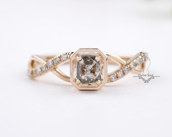 Vintage Promise Ring | Salt and Pepper Emerald Diamond Vintage Ring | 14KT Rose Gold Engagement Ring | Unique Vintage Infinity Wedding Ring.