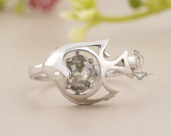 Sterling Silver Luminous Fish Ring with Salt and Pepper Diamond | Oval Salt and Pepper Ring | Unique Ring | Thanksgiving Gift Women Girls