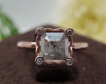 Vintage Emerald Salt and Pepper Diamond Ring | Black,Gray Diamond Engagement Ring | RoseGold Solitaire Wedding Ring | Valentine Gift for Her