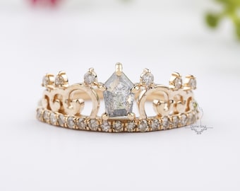 Rose Gold Crown Diamond Ring | Vintage Inspired Engagement Ring | Princess Wedding Ring | Pentagon Salt and Pepper Ring