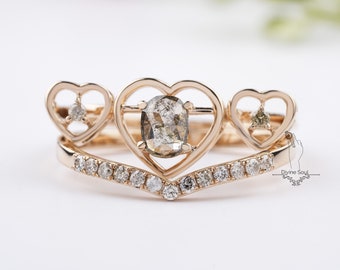 Salt and Pepper Engagement Ring Set | Vintage Heart Oval Diamond Ring | 14 kt Rose Gold Ring | Unique Wedding Ring | Galaxy Diamond Ring