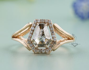 1.42Ct Vintage Diamond Ring | Pentagon Salt and Pepper Diamond Engagement Ring| 14kt Rose Gold Ring | Unique Diamond Wedding Ring