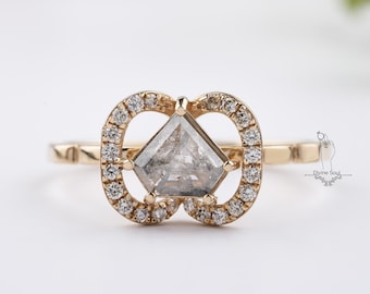 Unique Engagement Ring | Salt and Pepper Diamond Ring | 14 kt Rose Gold Ring | Modern Wedding Ring | Pentagon Diamond Promise Ring