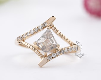 Natural Salt and Pepper Diamond Ring for Woman. Kite shape diamond Engagement Ring with Unique Band. Customizable vintage Wedding Band.