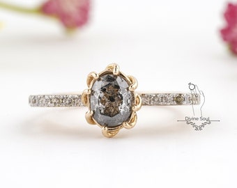 Salt and Pepper Engagement Ring | Oval Diamond Ring Wedding Ring | 14kt Rose Gold Ring | Galaxy Diamond | Unique Ring Band | Promise Ring