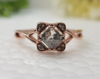 Emerald cut Gray Diamond Engagement Ring. Salt & Pepper Diamond intertwining Wedding Ring. Crossover Vintage Style Wedding Ring For Her.