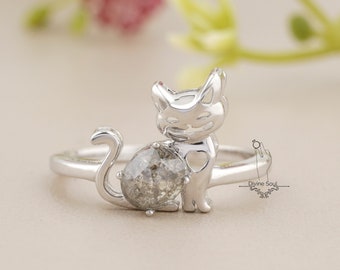 Cute Cat Diamond Ring in 925 Sterling Silver | Oval Salt and Pepper Ring | Kitty Cat Lover Ring | Pet Mom Ring | Unique Cat Jewelry