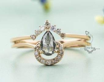 Diamond Ring Set | Salt and Pepper Ring Set| 14kt Rose Gold Ring Set | Pear Shaped Diamond Engagement Ring | Wedding Ring Set