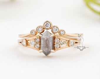Engagement Ring with band | Hexagon Salt and Pepper Diamond Ring | Engagement Ring | Rose Gold Wedding Band / Promise Ring