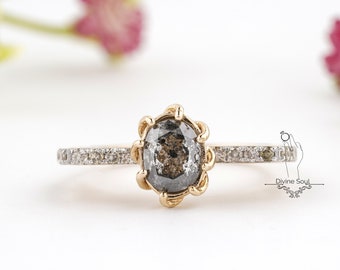 1 carat Oval cut Salt and Pepper natural Diamond Ring. Stunning Unique Engagement Ring. Exquisite gripping diamond. Diamond studded band.
