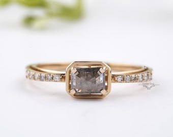 Emerald cut Salt and Pepper Diamond Engagement Ring. Unique Emerald Diamond Ring. Galaxy Diamond Rose Gold Wedding Ring with Diamond band.