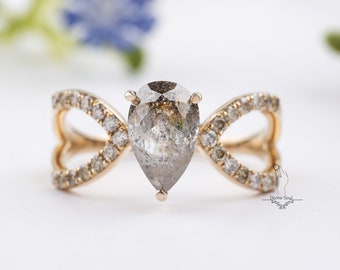 Bow Style Diamond Ring | Pear Salt and Pepper Diamond Ring | Unique Engagement Ring in 14 kt Rose Gold