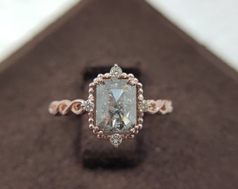 Emerald Salt and Pepper Diamond Ring. Vintage Braided Diamond Engagement Ring. Rose Gold Wedding Ring. Unique Galaxy Diamond Ring for Her